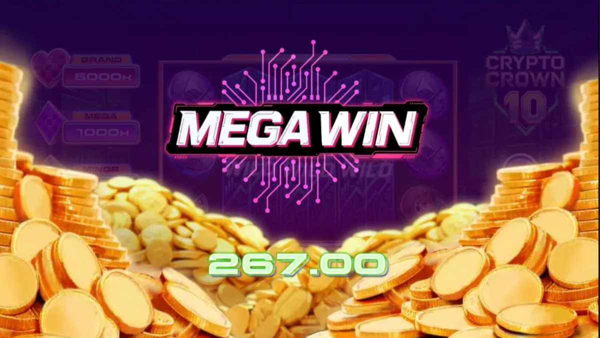 Crypto Crown 10 slot machine interface na may neon fruits at crypto coins