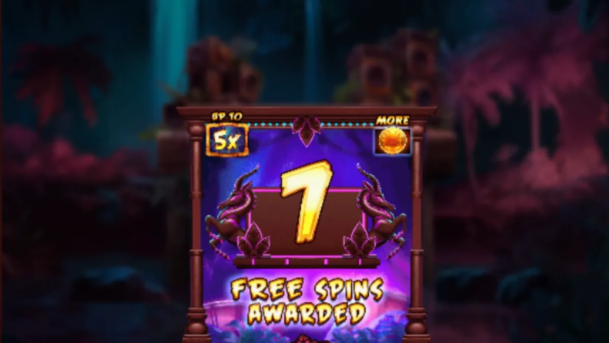 Isang madilim at misteryosong eksena sa gubat na nagtatampok ng mga simbolo ng Kongo Bongo slot.